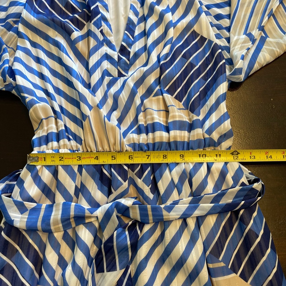 Ciebon Blue Geometric Chevron Stripe Maxi Dress Long Sleeve V-Neck Size M - Picture 7 of 9